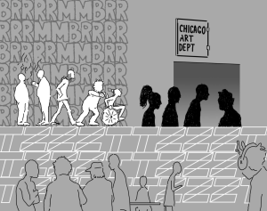 Greyscale image of black and white people entering the Chicago Art Department for Foto Mercado.
